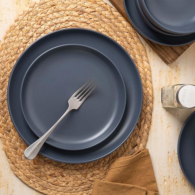Plates and Bowls Sets 12 Pieces Stoneware Dinnerware Sets with Mugs Stackable Matte Glaze Kitchen Stoneware Plates and Bowls Set for 3 Microwave and Dishwasher Safe(Blue)