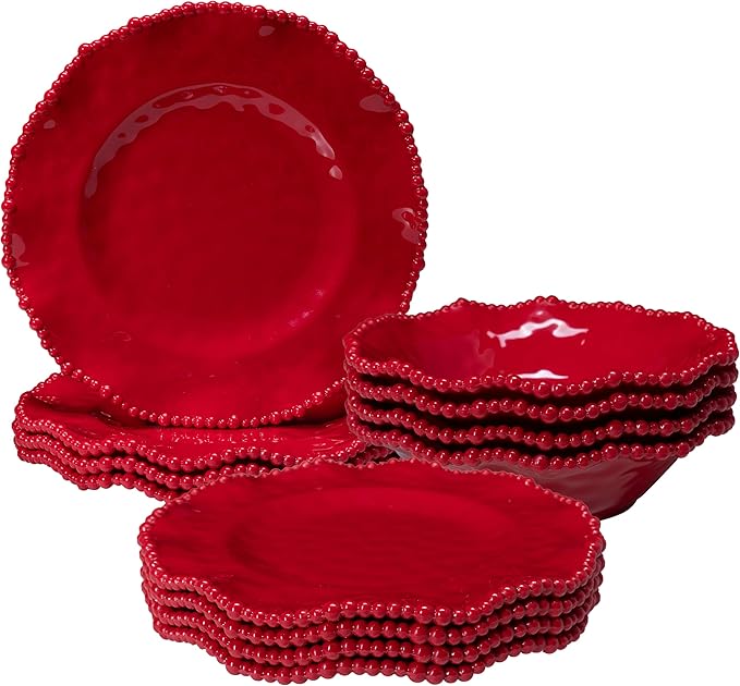 12 pcs Christmas Holiday Melamine Dinnerware Set Ruffled Rim With Beaded Plates and Bowls Set of 4 Lightweight yet Durable Dishes tableware Set Ideal for parties camping and RV trips