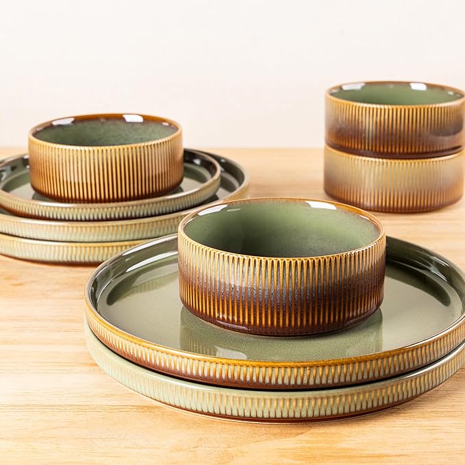 TheTerra Ceramic Dinnerware Sets with Pasta Bowls for 4 16 Pieces Porcelain Lightweight Plates and Bowls Sets Scratch Resistant Dish Set Oven &amp Microwave &amp Dishwasher Safe Sage Umber