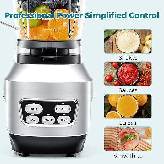 NEWBULIG Smoothie Blender with 6 Blades Countertop Blenders with 24 34 60 oz BPA-Free Cups Large Capacity Portable and Easy Clean for Kitchen Ice Crush Shakes Sauces Juice Silver