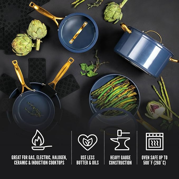 12-Piece Non-Stick Aluminum Cookware Set with Induction Base Oven Safe Black Finish (Blue &amp Gold)