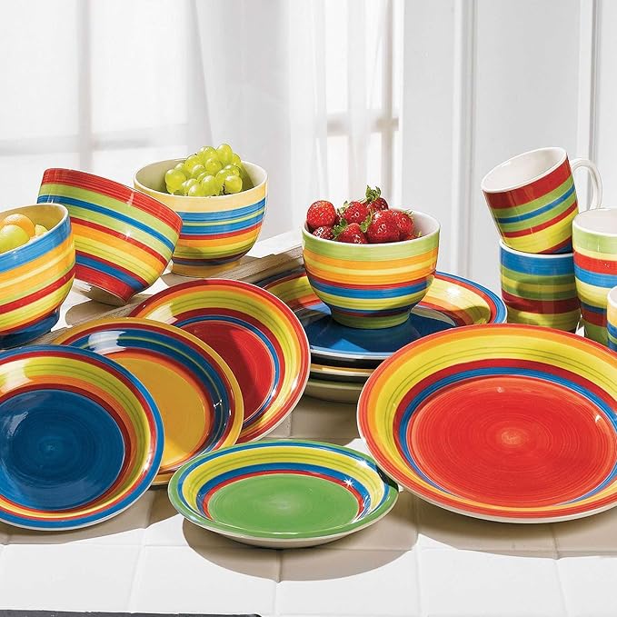 BrylaneHome 16 Piece Santa Fe Dinnerware Set (Service for 4) Includes Dinner &amp Salad or Dessert Plates Bowls Mugs Colorful Stripe Southwestern Fiesta Pattern - Multi Stripe