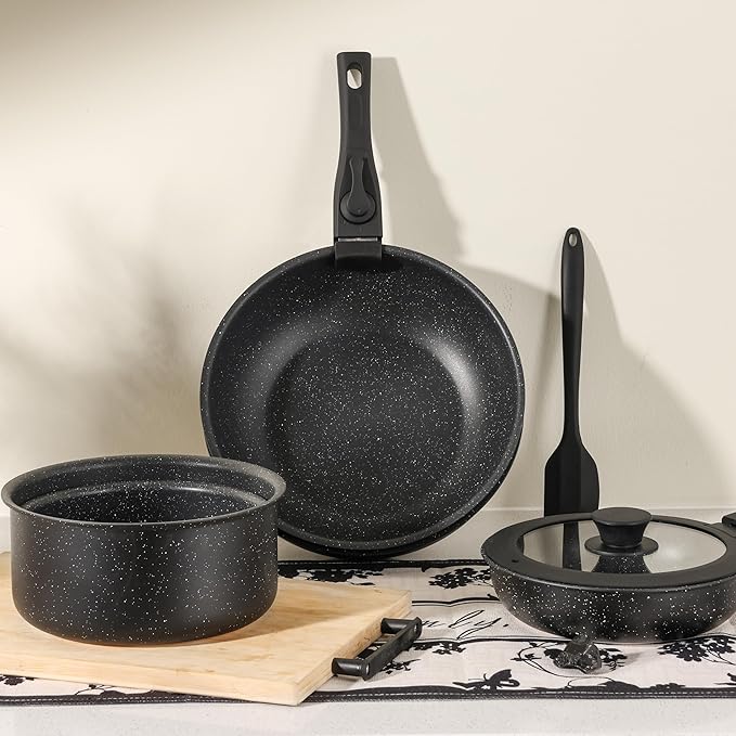 Simple Deluxe 12 Pcs Non-Stick Cookware Set with Black Granite Texture and Detachable Handles Resistant to High Temperatures Oven Safe PFAS and PFOA Free