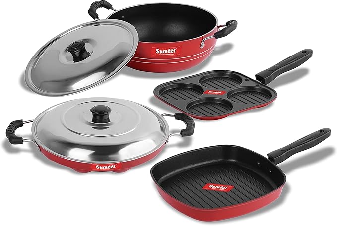 Sumeet 2.6mm Thick Non-Stick Hiri Cookware set (Mini Multi Snack Maker – 19.5cm + Kadhai With Lid – 220cm Dia + Grill Appam Patra with Lid – 23cm Dia + Grill Pan – 1.1Ltr Capacity-22cm-Dia