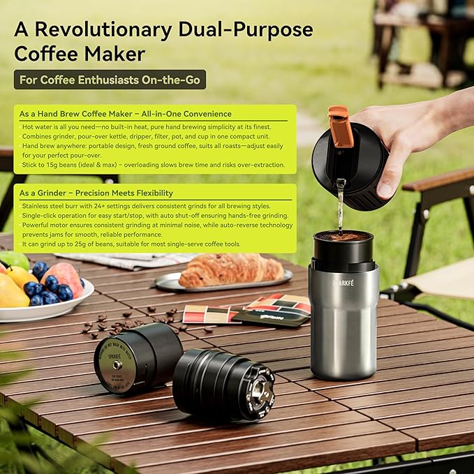 Portable Pour Over Coffee Maker Rechargeable Electric Grinder with Stainless Steel Conical Burr Integrated Hand Brew Kit with Stainless Steel Filter Dripper &amp Travel Mugs for Camping Outdoors