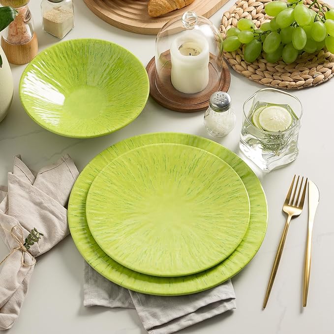 MissYIP 12 Pcs Melamine Dinnerware Set - Unbreakable Melamine Dish Set Setervice for 4Dishwasher Safe Melamine Plates and Bowls - Ideals for Party CampingIndoor and Outdoor Use(Light Green)