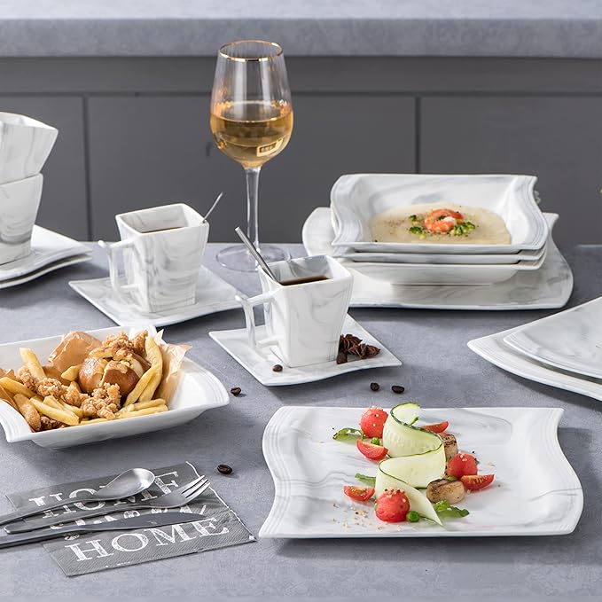 MALACASA FLORA 30 Piece Marble Grey Square Dinnerware Sets Bundle With ELVIRA 30 Piece Grey Dinner Set