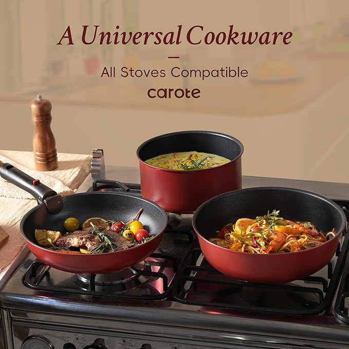 CAROTE Pots and Pans Set Non Stick Cookware Sets Oven/Fridge Safe Space Saving Pots Set 11pcs Kitchen Set Nonstick Set with Versatile Removable/Detachable Handle Induction RV Set Red and Black