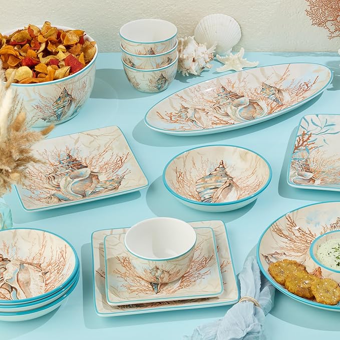 Escape to the Sea 16-Piece Dinnerware Set Coastal Shell &amp Coral Design Aquatic Hues Durable Ceramic Microwave &amp Dishwasher Safe Elegant Nautical Dining Décor