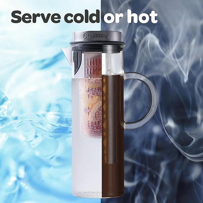 Cold Brew Coffee Maker - Large Glass Infusion Pitcher 1.6 Quarts 52oz - Iced Coffee &amp Iced Tea Pitcher with Stainless Steel Lid &amp Fruit Infusion Tube - Perfect for Home or Office