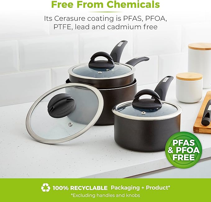 Tower Cerasure Non Stick Saucepans Sets With Lids Stay Cool Handles Graphite 3 Piece Set 16/18/20 cm