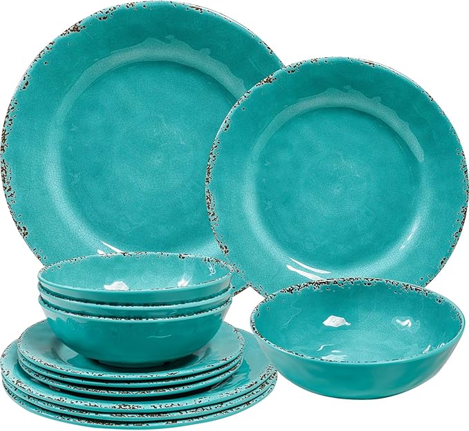 Farmhouse Melamine Plates and Bowls Set Set of 4 BPA Free 100% Melamine 12 Piece Vintage Dishes Dinnerware SetsDishwasher Safe Teal