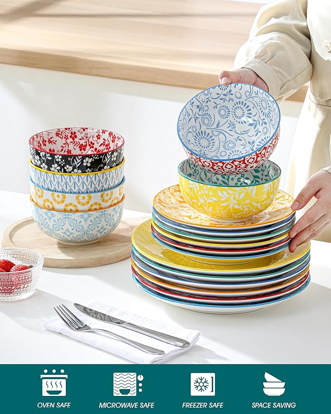 vancasso SELENE Plates and Bowls Set for 6 18 Pieces Dinnerware Sets Mircowave and Dishwasher Safe Dishes Set Porcelain Pastel Dinnerware