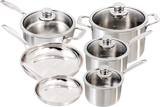 Swiss Diamond Premium Clad 5-Ply Stainless Steel 10 Piece Cookware Set with Satin Exterior Finish Induction Compatible Stainless Steel Pots and Pans Set - Oven and Dishwasher Safe
