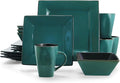 16 Piece Square Dinnerware Set in Dark Teal and Black Blue Solid Modern Contemporary Stoneware Dishwasher Safe