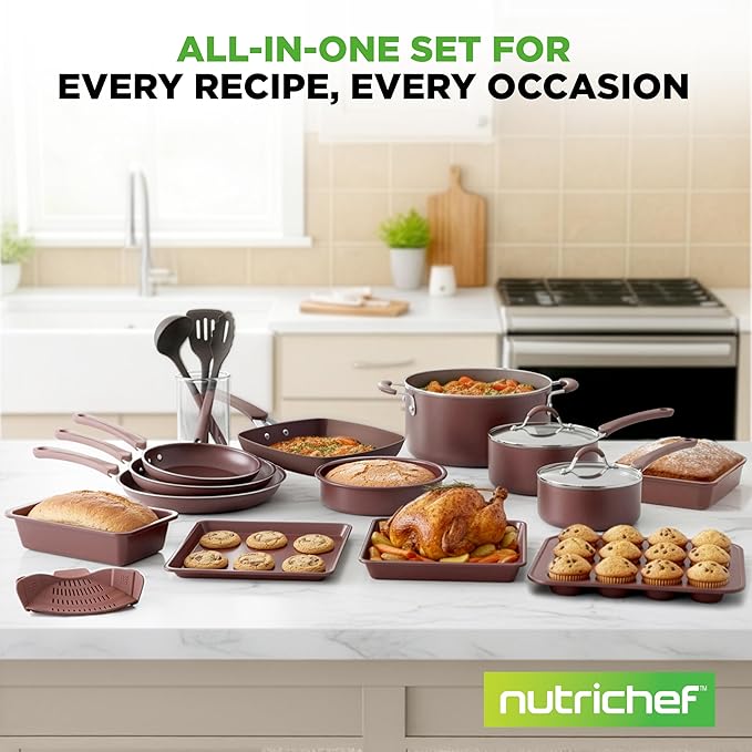 NutriChef 20 Piece Professional Home Kitchen Cookware and Bakeware Pots and Pans Set Non Stick Kitchenware Cool-Touch Handles Safe for Gas Electric Induction Cooktops Easy Clean Brown