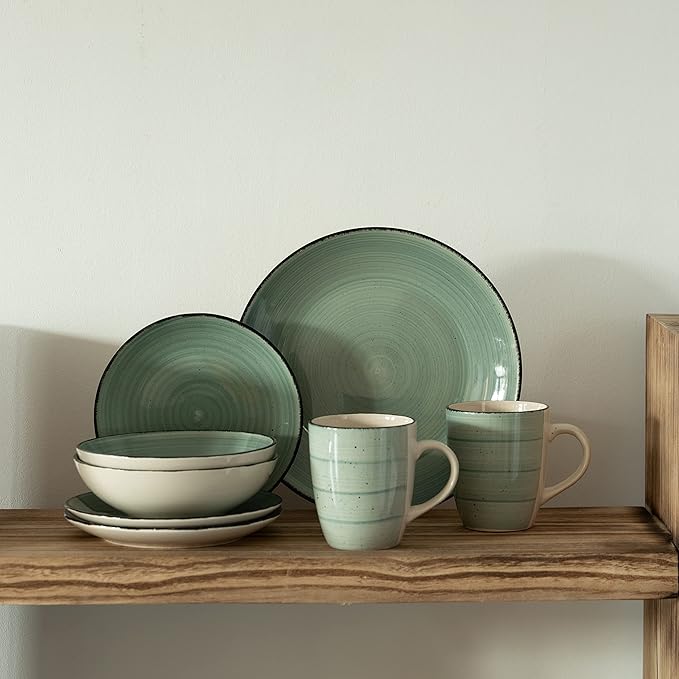48 PC Spin Wash Dinnerware Dish Set for 12 Person | Mugs Salad and Dinner Plates and Bowls Sets Dishes with Highly Chip and Crack Resistant Dishwasher and Microwave Safe Green