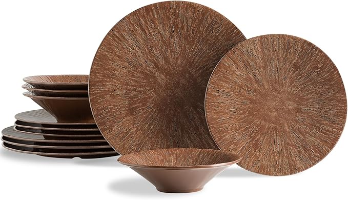 MissYIP 12 Pcs Unbreakable Dinnerware Set - Service for 4 Dishwasher Safe Plates and Bowls - Ideal for Party Camping Indoor &amp Outdoor Use (Brown)