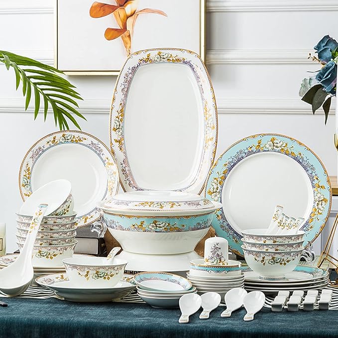 56-Piece Bone China Dinnerware Set Nordic Ceramic Dinner Plates Set Porcelain Tableware Set Bowls/Plates/Dishes/Pot Dish Set Service for 10 Health Kitchen Dining Su