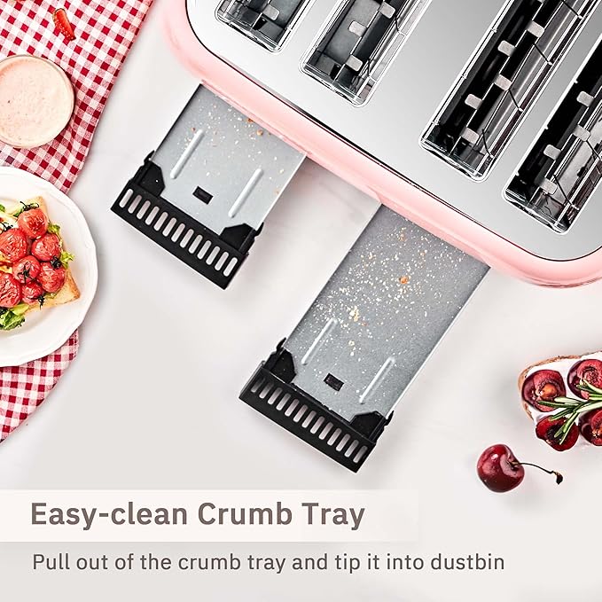 Roter Mond Toaster 4 Slice Retro Stainless Steel with Extra Wide Slots Bagel Defrost Reheat Function Dual Independent Control Panel Removable Crumb Tray 6 Browning Levels Pink