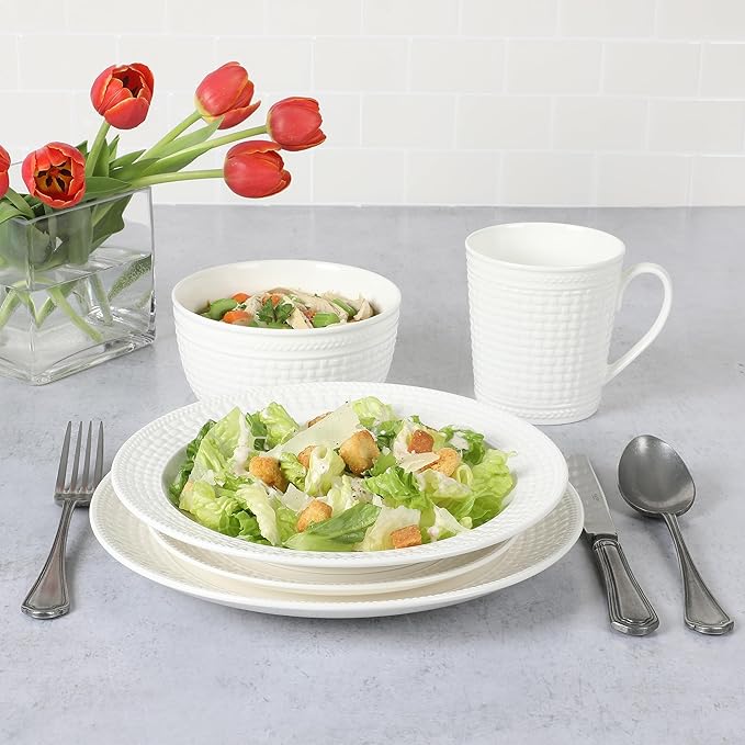 Martha Stewart 30-Piece Basket Weave New Bone China Embossed Chip and Scratch Resistant Porcelain Dinnerware Set