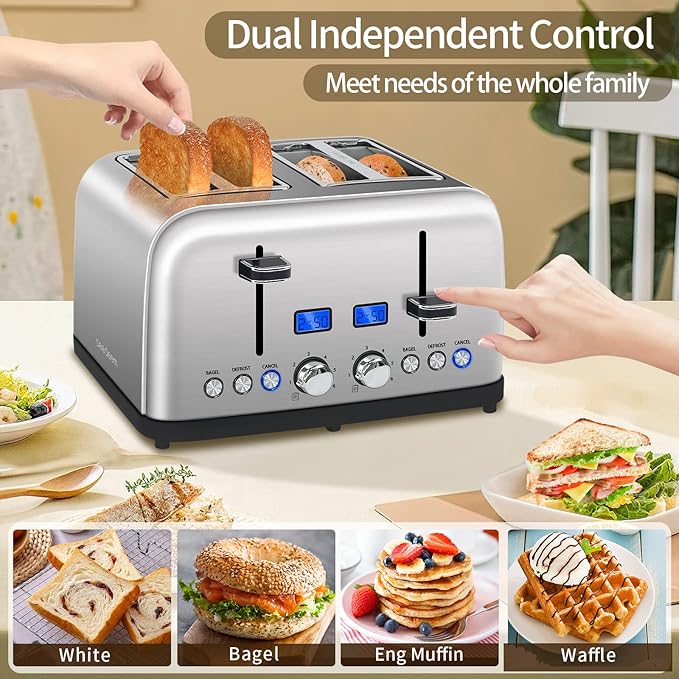 SEEDEEM Toaster 4 Slice LCD Display 6 Shade Settings 1.5'' Wide Slots Digital Stainless Toaster for Bagel Defrost Reheat Dual Control Removable Crumb Tray 1500W Silver Metallic