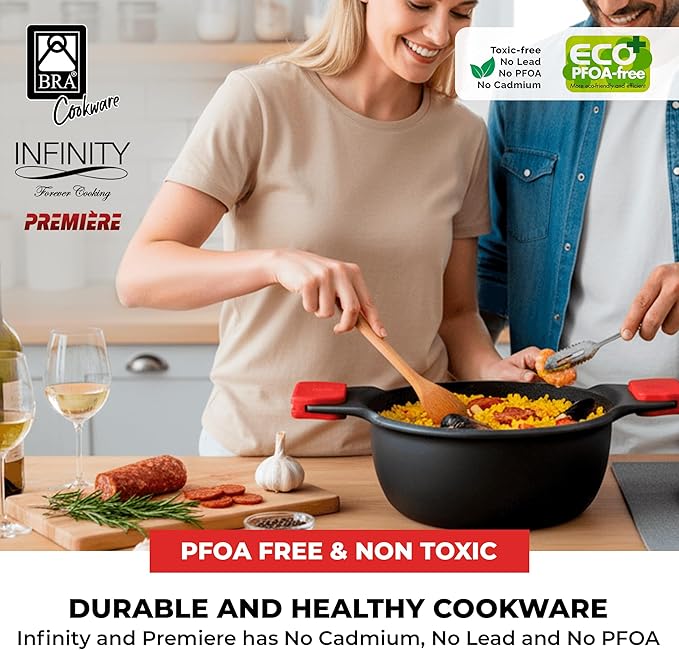 BRA COOKWARE Premiere &amp Infinity 6-Piece Nonstick Cookware Set | Cast Aluminum Pots &amp Pans Set w/ 1 Dual Skillet 1 Pot 1 Saucepan 2 Lids | 3-Layer NonStick | All Stovetops | PFOA Free