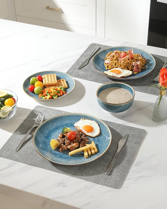 Sweejar Dinnerware Sets Service for 4 12 pcs Porcelain Plates and Bowls for Kitchen Housewaring Gift Chip and Scratch Resistant Dish Set Handmade Dishwasher and Microwave Safe Plate Set Blue