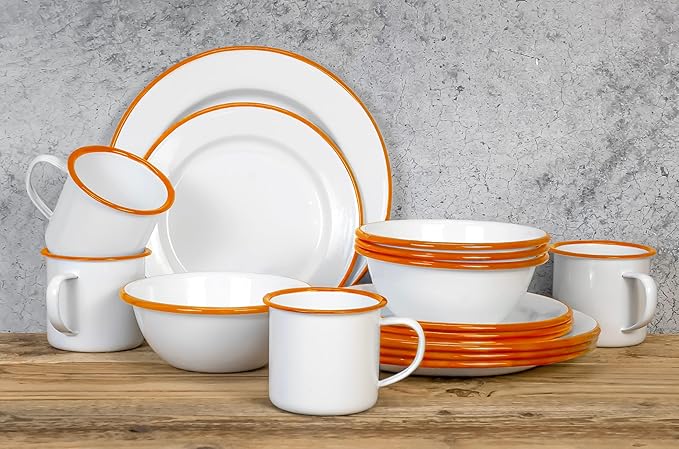 Red Co. 16-Piece Enamelware Metal Dinnerware Set for 4 Solid White/Orange Rim
