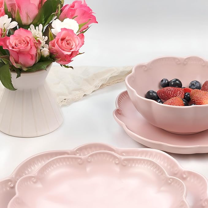 Sango 12 Pieces Scalloped Dinnerware Set Modern Pink Dishes for 4 Premium Serving Plates &amp Bowls Sets Chip Resistant Ceramic Dishware Kitchen Dish Microwave &amp Dishwasher Safe Bethany