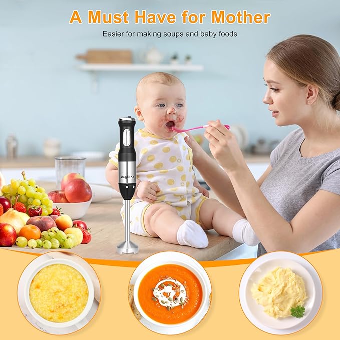 Keylitos 5 in 1 Immersion Hand Blender Mixer [Upgraded] Handheld Stick Blender with 600ML Chopper 800ML Beaker Whisk and Milk Frother for Smoothie Baby Food Sauces RedPuree Soup (Black)