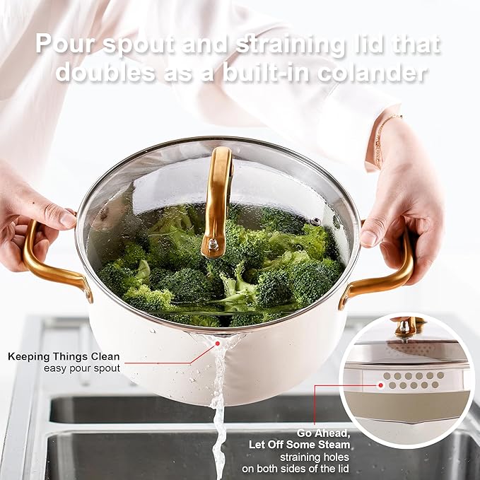 Pots and Pans Set - VONIKI Nonstick Granite Cookware Set Gold Kitchen Cookware Sets Non Toxic Cooking Pot Set PFOA Free Oven &amp Dishwasher Safe - Ideal Gift for Home Chefs