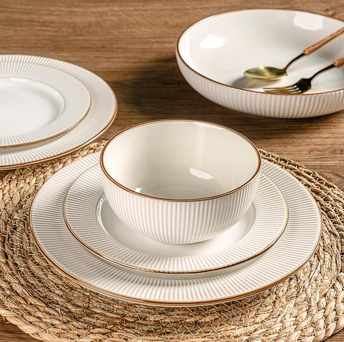 GBHOME Ceramic Dinnerware Sets 24 pcs Embossed Elegant Stoneware Plates and Bowls Sets Housewarming Wedding Gift | Dishwasher &amp Microwave Safe | Dishes Set Service for 8