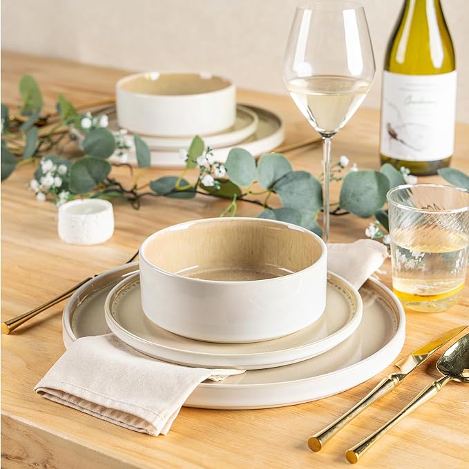AmorArc Ceramic Dinnerware Sets Handmade Reactive Glaze Stoneware Plates and Bowls SetsHighly Chip and Crack Resistant | Dishwasher &amp Microwave Safe Dishes Set Service for 4 (12pc)