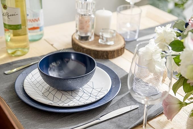 bzyoo 12 Piece Melamine Dinnerware Set - Durable Dishwasher Safe Plates and Bowls - Dinning Parties Camping Dish Set Spidy Blue Collection