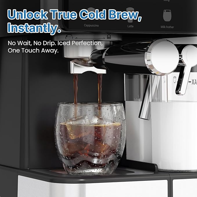 Espresso &amp Americano Machine with Cold Brew Iced Coffee Maker with Ground/Capsule Dual Brewing Touchscreen Milk Frother Latte &amp Cappucinno Maker with 51OZ Water Tank Self-clean Black