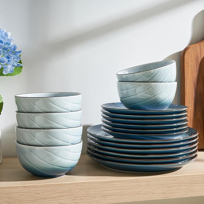 Sweese Porcelain Dinnerware Sets for 6 18 Pieces Ceramic Plates and Bowls Sets Handcrafted Minimalist Dinner Set Chip and Scratch Resistant Dish Set Dishwasher &amp Microwave Safe Ocean Blue