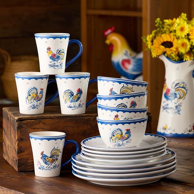 French Rooster Ceramic 16‑Piece DINNERWARE SETSERVICE for FOUR with dinner plates salad plates mugs and ice cream bowls featuring classic blue and multicolor rooster motifs
