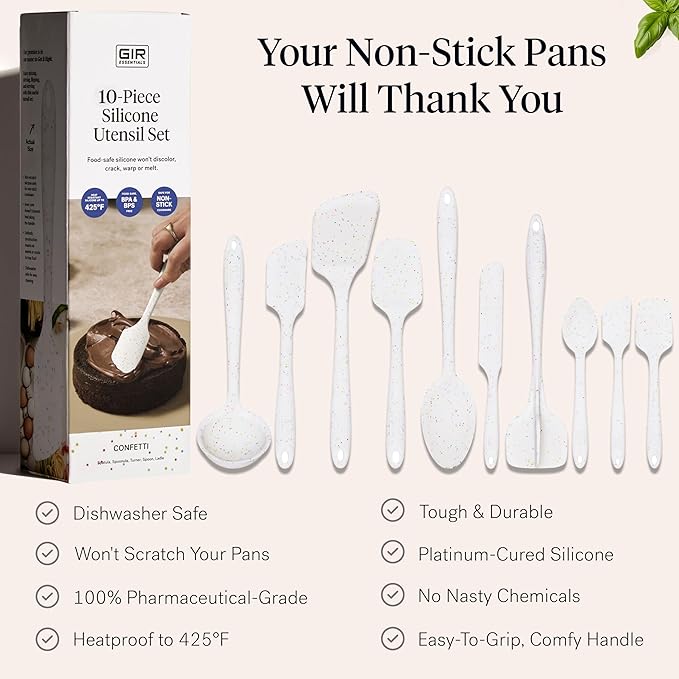 GIR: Get It Right 10-Piece Silicone Essentials Kitchen utensils set - Ladle Spatula Flip Spoon &amp Spoonula - Non toxic cooking utensils for Nonstick Cookware Cooking and Baking - Confetti