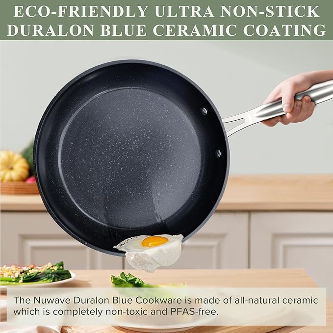Nuwave Healthy Duralon Blue Ceramic Nonstick Cookware Set Diamond Infused Scratch-Resistant PFAS Free Dishwasher &amp Oven Safe Induction Ready &amp Evenly Heats Tempered Glass Lids &amp Stay-