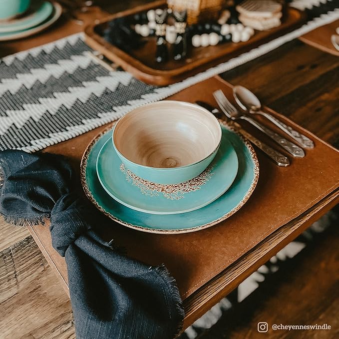Paseo Road Patina Turquoise 16 Piece Ceramic Southwestern Rustic Cabin Dinnerware Set with Plates Bowls and Mugs