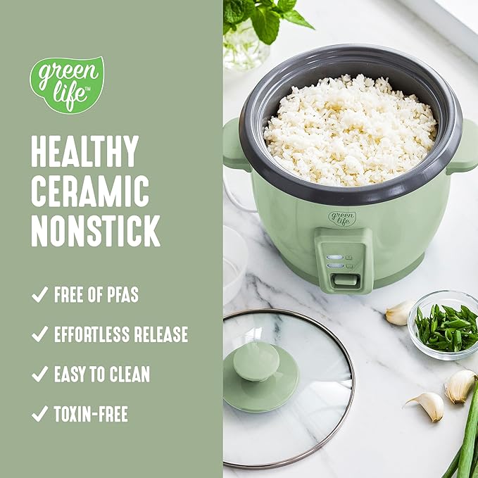 GreenLife Rice Cooker with Removable PFAS-Free Ceramic Nonstick Pot 3-Cups Uncooked/6-Cups Cooked Grains &amp Oatmeal Multicooker Compact One-Switch Design Auto Keep Warm Easy Clean Sage Green