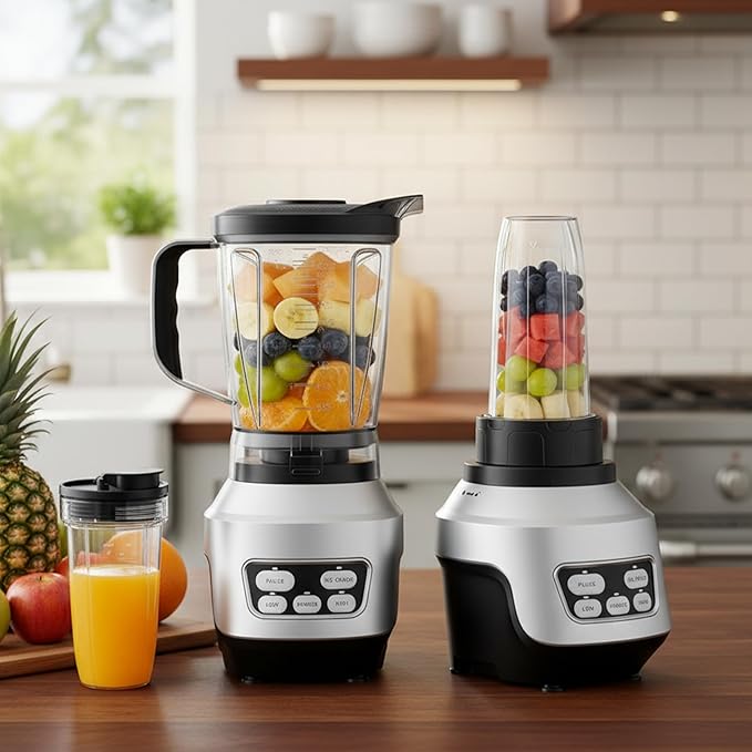 Simple Deluxe Smoothie Blender 1200W Powerful Countertop Blenders for Kitchen 60 oz Capacity Blender for Smoothies with BPA-Free Portable Cups Ice Crushing Juices Shakes and Sauces Silver