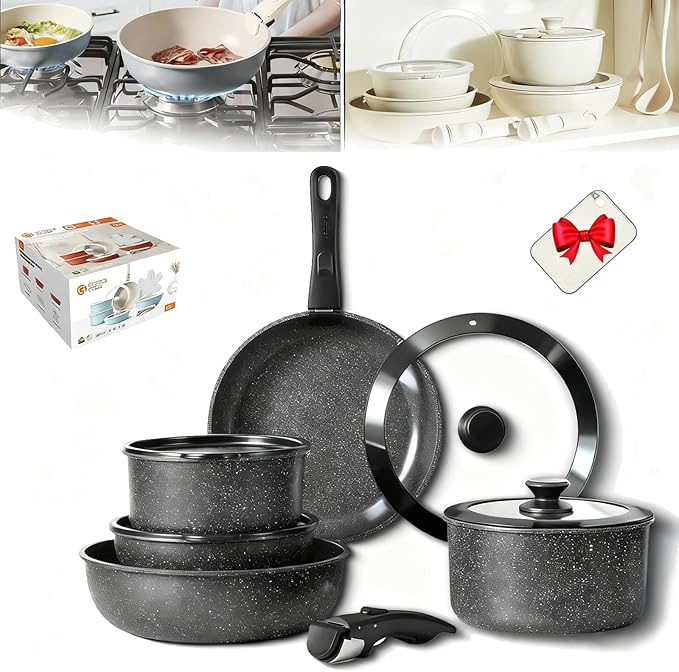 Cookware Set Ceramic Cookware Set Removable Handle 2026 New 11 Piece Nonstick Detachable Handle Cookwares Non Stick Cookwares Sets for Kitchen (Black11pcs)