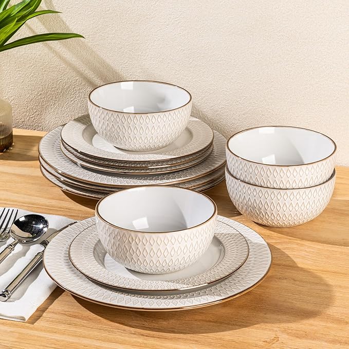 GBHOME Ceramic Dinnerware Sets12 pcs Embossed Elegant Stoneware Plates and Bowls Sets Housewarming Wedding Gift | Dishwasher &amp Microwave Safe | Dishes Set Service for 4