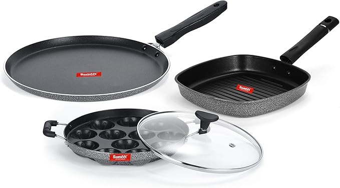 SUMEET NonStick Aluminium Cookware Set Dosa Tawa - 26.5Cm Dia Grill Appam Patra with Glass Lid - 12 Cavity - 22cm Dia Grill Pan-22cm Dia (Silver)