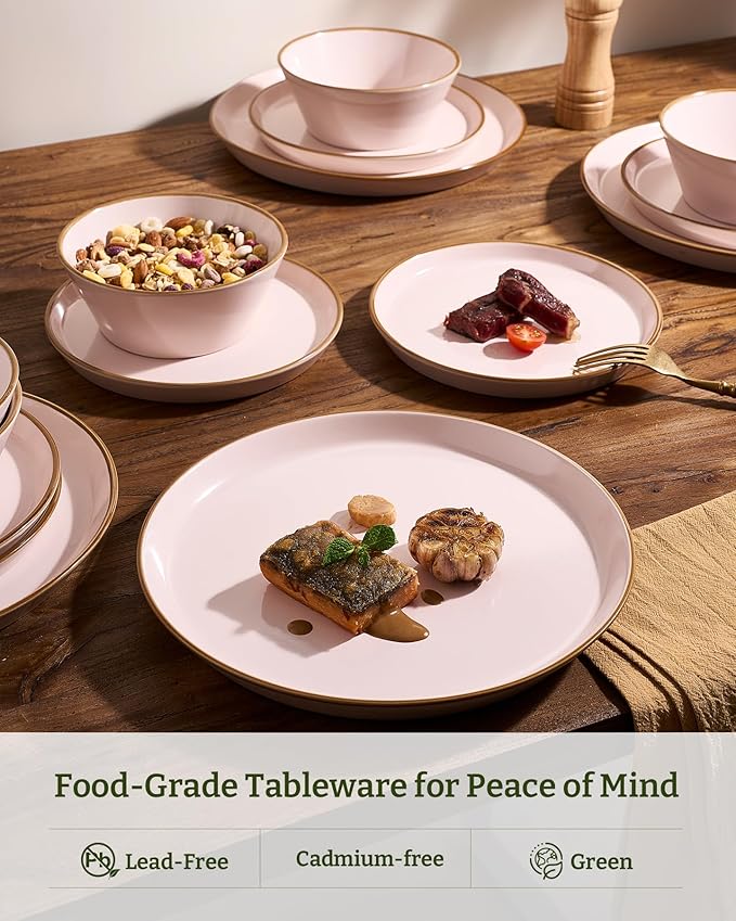 Famiware Saturn Dinnerware Sets Plates and Bowls Sets for 4 12 Pieces Stoneware Dish Set - Chip and Scratch Resistant Microwave and Dishwasher Safe Tableware Set Light Pink with Rim
