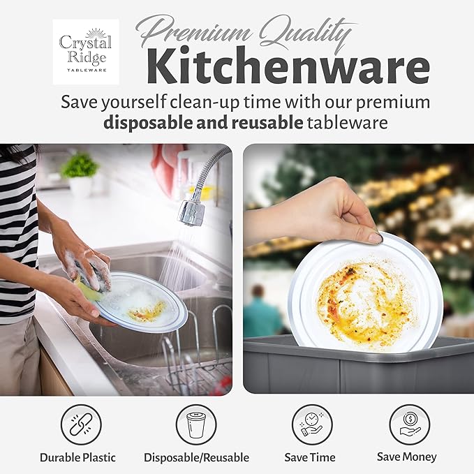 600-Piece Premium Plastic Dinnerware Set for 100 Guests - Includes 100 Dinner Plates Salad Plates Cutlery (Forks Knives Spoons) Cups - White with Silver Rim