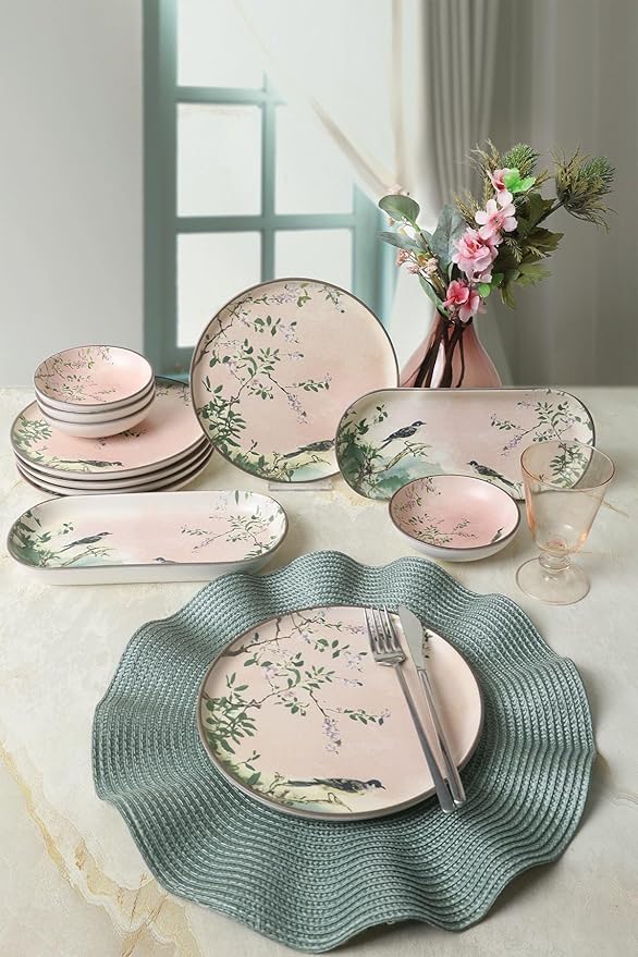 Dinnerware Sets - Pink Woods - 12 pieces - 6 People - Stoneware