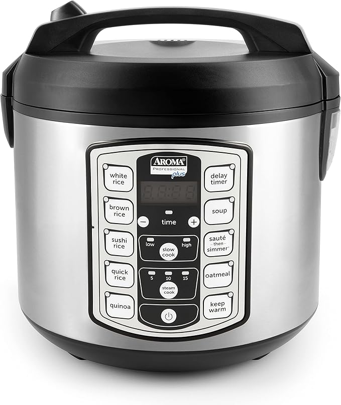 Aroma Housewares Professional Plus ARC-5000SB 20 Cup (Cooked) Digital Rice Cooker Food Steamer Slow Cooker Stainless Exterior/Nonstick Pot Silver Black 10-cup uncooked/20-cup cooked/4QT